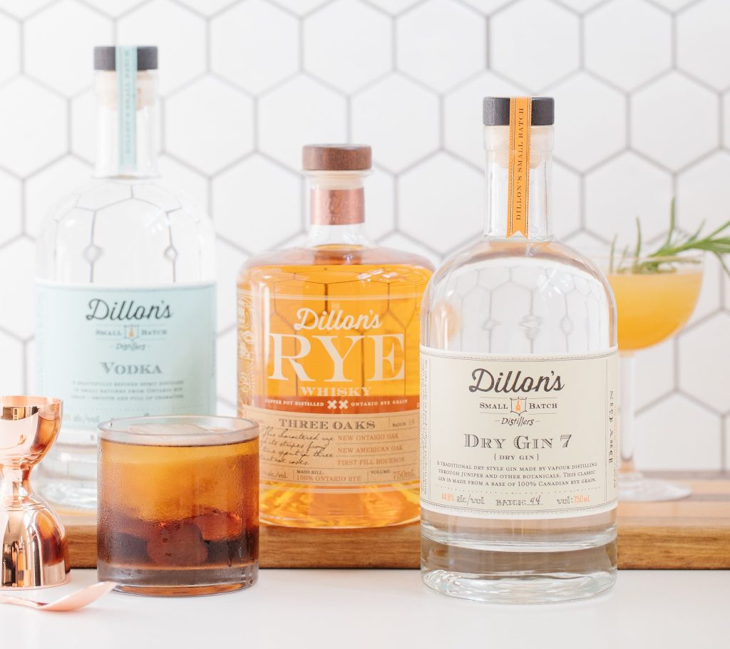 spirit bottles lined up on counter